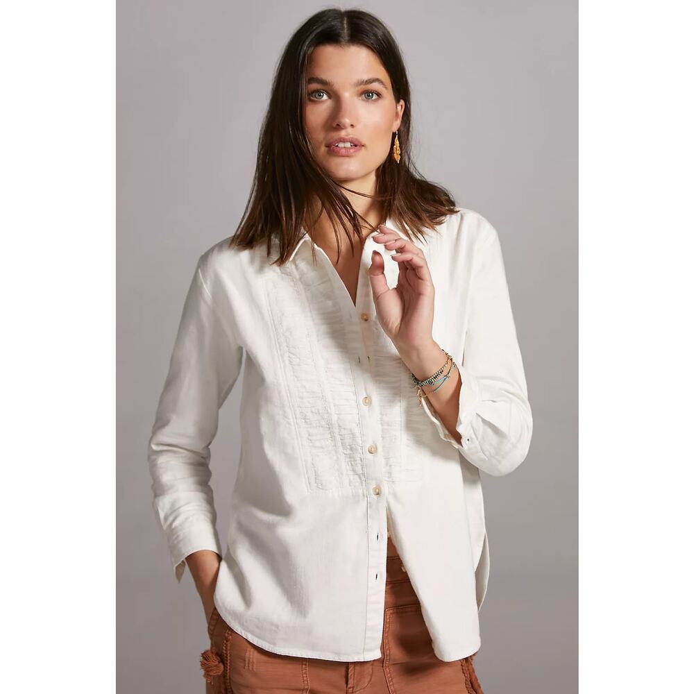 Anthropologie Pilcro Ivory Tuxedo Button Up Cotton Linen Shirt Size Small